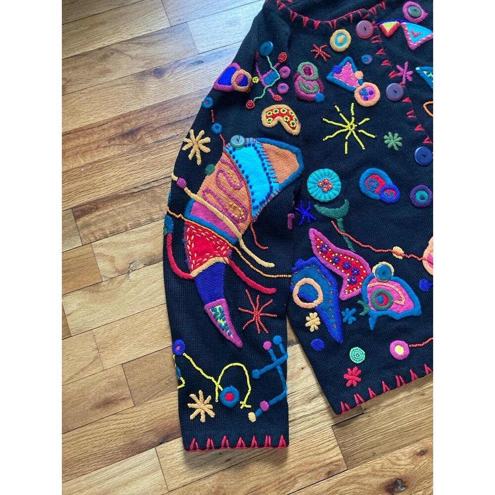 Michael Simon Vtg 1993 Embroidery Beaded Art To Wear Mrs Frizzle Sweater 2 Large - Picture 3 of 8